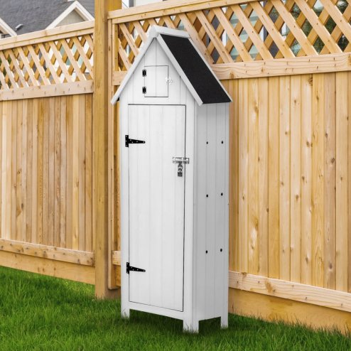 Wooden Garden Storage Shed White Tool Organiser Cabinet Beach Hut Sentry Box Lockable Doors 3 Corner Shelves 4 Door Hooks Roof Hatch Padlock 4 Keys Ground Fixing Kit Screw Covers Fir Wood Asphalt Roof
