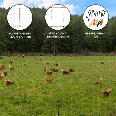 Electric Poultry Netting 50m Roll Fencing Fence & Posts Conductive Hotline Hot Gate Chicken Hen Geese Turkey Net Mesh 11 Wires 120cm 1.2m High 14 Double Spikes FREE Repair Kit & 10 Ground Spikes