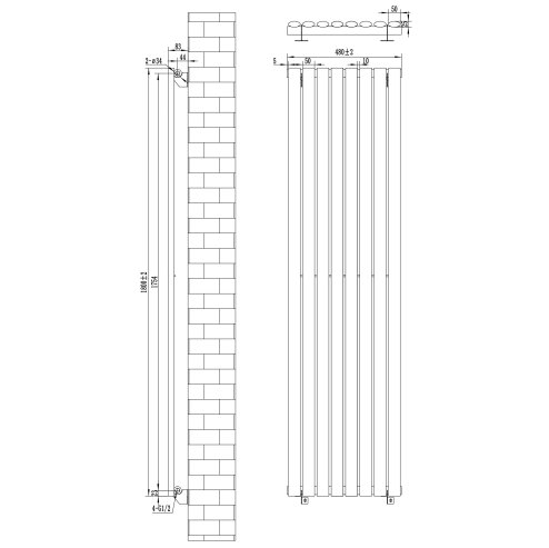 Oval Single Column Radiator - 1800 x 480mm - Black
