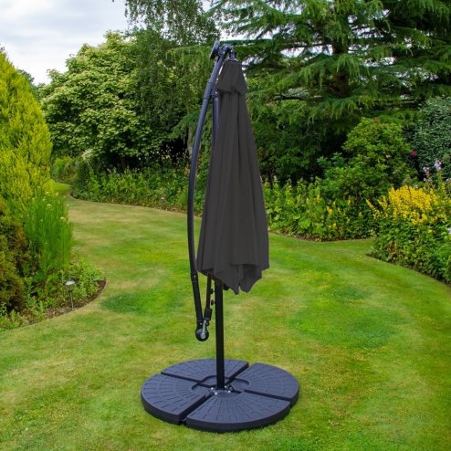 Grey LED Cantilever Parasol 3m Banana Hanging Umbrella Garden Sun Shade Canopy Patio 360 Rotation Tilt UV Protection Winding Crank 24 Solar Powered Cool White LED Lights Waterproof Rain Cover & Base