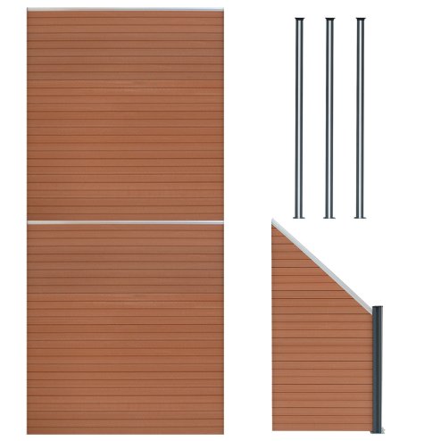 Composite Fence Panels, Angled Piece & LED Posts 6ft x 14.5ft - Brown