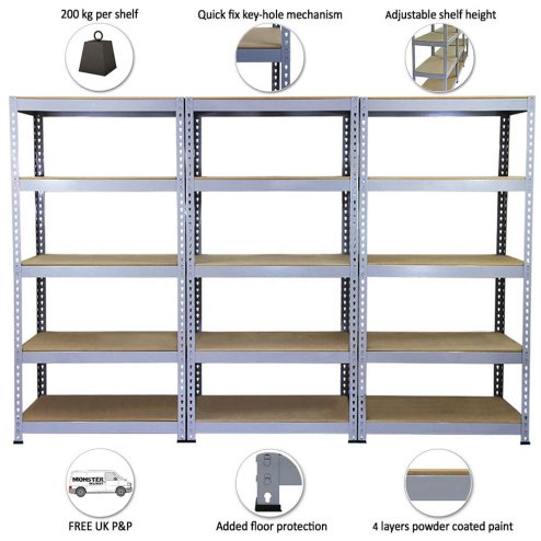 Garage Shelving Storage 5 Tier Heavy Duty Racking 200kg/shelf, Q-Rax Grey 90cm x 182.5cm x 50cm