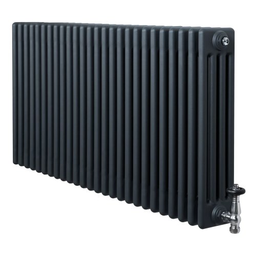 Traditional 4 Column Radiator & Valves - 600 x 1190mm - Anthracite Grey