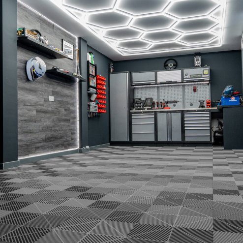 Vented Modular Interlocking Flooring Tiles x 120 Grey With Edges & Hexagon LED Lighting 14 White Lights & Border 6500K 3 Mount Options & Suspended Ceiling Kit Single Garage Floor Mat 3.2m x 6m 19.2m2