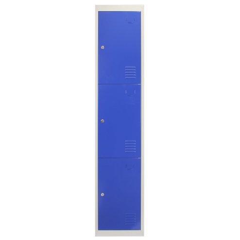 MonsterShop 3 Door Metal Storage Lockers, Blue & Grey Steel Lockable Unit, Gym Changing School Staff