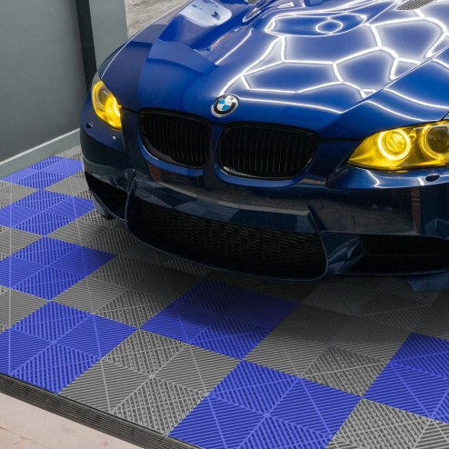 Vented Modular Interlocking Flooring Tiles & Edges 60 Grey & 60 Blue Single Garage Heavy Duty Floor Mat Showroom Workshop Outdoor Polypropylene Anti Slip Weather Resistant Drainage 3.2m x 6m 19.2m2