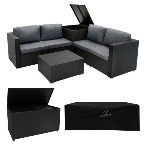 Rattan Modular 6 Piece Furniture Set & 996L Storage Box – Black