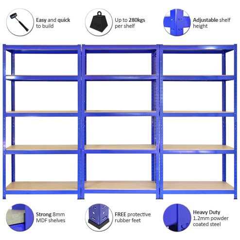 T-Rax Garage Shelving Unit - 5 Tier Heavy Duty Rack for Storage Steel Utility Shelves | Metal & MDF Boltless Racking Assembly System | 180cm x 90cm x 45cm | 280KG Per Shelf, Blue