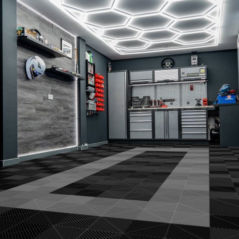 Vented Modular Interlocking Flooring Tiles 90 Black & 30 Grey With Edges & Hexagon LED Lighting 14 White Lights & Border 6500K 3 Mount Options & Suspended Ceiling Kit Single Garage Floor Mat 3.2m x 6m