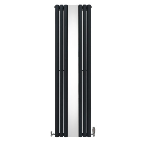 Oval Panel Radiator With Mirror 1800mm x 500mm & TRV Chrome Valves Designer Double Column Vertical Anthracite Grey Carbon Steel Wall Mounted Kitchen Living Room Cleaning Brush Fixing Kit & Brackets
