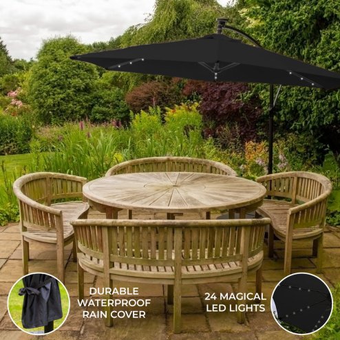 Black LED Cantilever Parasol 3m Banana Hanging Umbrella Garden Sun Shade Canopy Patio Outdoor 360 Rotation Tilt UV Protection Winding Crank 24 Solar Powered Cool White LED Lights Waterproof Rain Cover