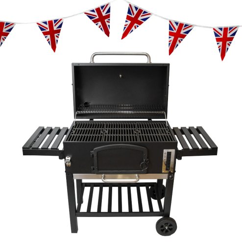XXL BBQ Smoker Charcoal Barbecue Grill Portable Stainless Steel Adjustable Furnace Thermometer Side Shelves Hanging Hooks Bottle Opener Wheels & Union Jack Bunting Triangle Flags 10m Double Sided