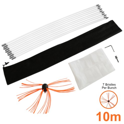 Chimney Powered Sweeper Kit Rotary Cleaner Brush Cleaning Sweeping Brush 10m Fireplace Flue Wood Burner Reinforced Nylon Flexible Rods FREE Dust Sheet FREE Storage Bag Includes Drill Adapter & Allen Key MAXBLAST