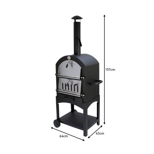 Outdoor Pizza Oven Portable Charcoal BBQ Smoker Pizza Maker Cooker Chimney Vent Temperature Gauge Storage Shelf & Union Jack Bunting 25 Triangle Flags 10m Double Sided FREE Pizza Peel, Stone & Cutter