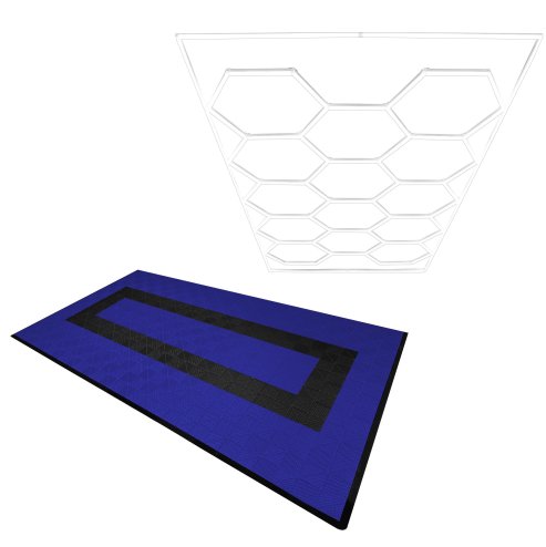 Vented Modular Interlocking Flooring Tiles 90 Blue & 30 Black With Edges & Hexagon LED Lighting 14 White Lights & Border 6500K 3 Mount Options & Suspended Ceiling Kit Single Garage Floor Mat 3.2m x 6m