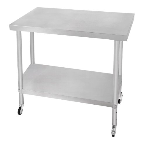 Catering Work Bench Table Stainless Steel Food Prep Kitchen Mobile 4 x Castor Wheels With 2 Brakes & 4 Adaptable Feet Adjustable Lower Shelf 3 Positions 160kg Load Capacity 60cm x 90cm x 86cm