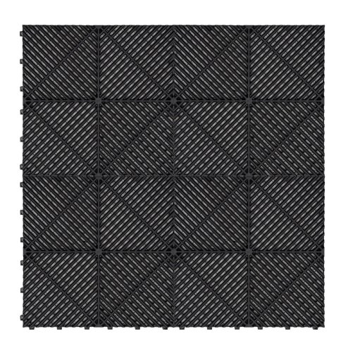Vented Modular Interlocking Flooring Tiles x 120 Black With Edges & Hexagon LED Lighting 14 White Lights & Border 6500K 3 Mount Options & Suspended Ceiling Kit Single Garage Floor Mat 3.2m x 6m 19.2m2