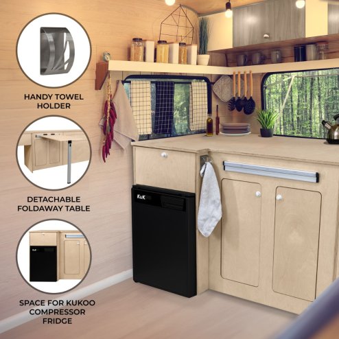 Camper Van Kitchen Pod RHD Conversion Unit Flat Pack Motorhome Campervan Furniture Foldaway Table Built In Storage Cupboards Fridge Space Towel Holder 15mm Birch Plywood SWB VW T5 & T6 Transporters