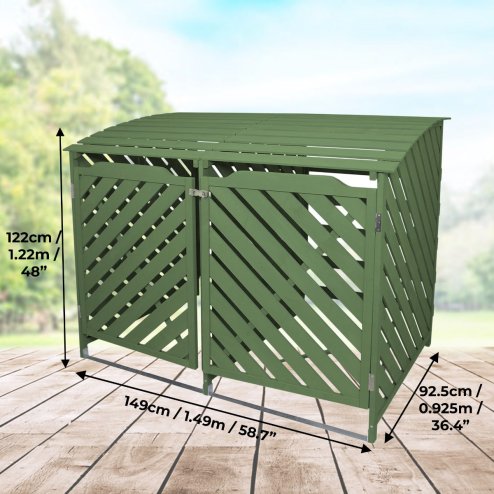 Double Sage Green Wheelie Bin Storage Shed Garden Latched Lockable Outdoor Dustbin Cover Store Unit Chain Lid
