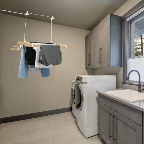 Clothes Airer Ceiling Pulley 6 Lath 1.5m Ivory Maid Traditional Mounted Clothing Dryer Victorian Clothes Horse Laundry Drying Rack Extendable Cast Iron Varnished Pine Kitchen Utility FREE Fixing Kit