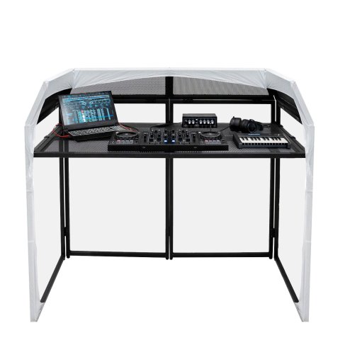 DJ Disco Booth Deck Stand Professional Mixer Equipment Shelf Table Foldable Lightweight Mobile Portable Screen Metal Frame Mesh Panels Cable Hole Black & White Covers With Secure Hooks Carry Bag