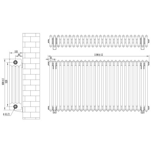 Traditional 4 Column Radiator & Valves - 600 x 1190mm - Anthracite Grey