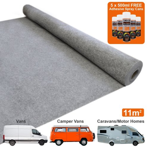 11m2 Van Lining Carpet Super Stretch Kit Camper Motor Homes Smoke Grey & 5 Heavy Duty Adhesive Glue Spray Cans