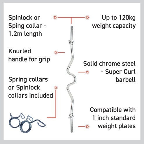 Body Revolution EZ Barbell Bar - 1.2m EZ Super Curl Weight Lifting Bar for 1 Inch Weight Plates - Barbell for Bicep Curls and Bodybuilding With Spinlock