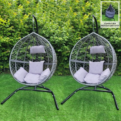 Swing Hanging Egg Chair Rattan Bench Garden Patio Outdoor Indoor Furniture Hammock Basket Seat Grey | with Cushions, Waterproof Cover and Stand
