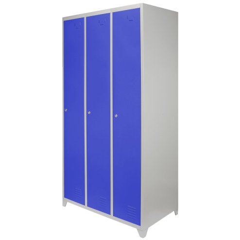 MonsterShop 3 Door Wide Steel Storage Lockers, Blue & Grey Metal Lockable Unit, School Staff Gym Changing