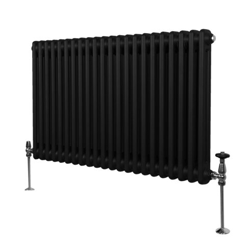 Traditional 2 Column Radiator 600mm x 1012mm Modern Central Heating Heater Matt Black Carbon Steel Horizontal Wall Mounted Kitchen Living Room Bathroom FREE Cleaning Brush Fixing Kit & Brackets