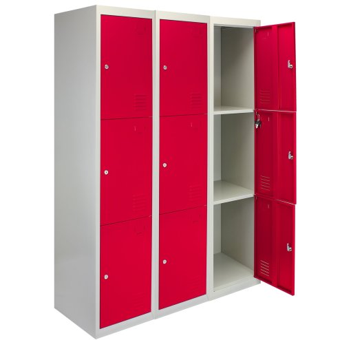MonsterShop 3 x Red 3 Door Metal Storage Lockers, Blue & Grey Steel Lockable Unit, Gym Changing Room School Staff Locker