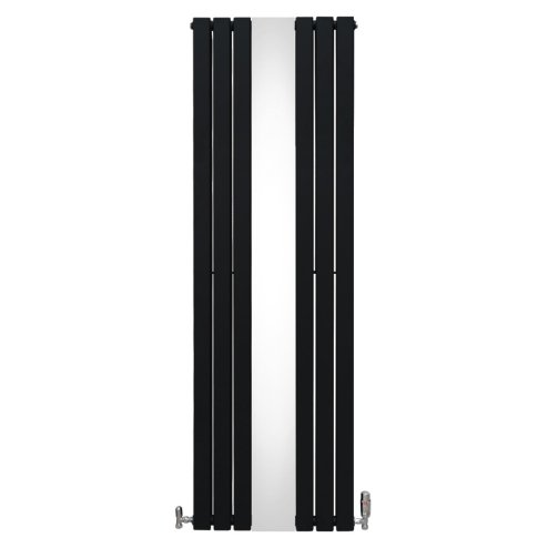 Flat Panel Radiator With Mirror 1800mm x 565mm & TRV Chrome Valves Designer Double Column Vertical Black Carbon Steel Wall Mounted Kitchen Living Room Cleaning Brush Fixing Kit & Brackets