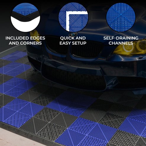 Vented Modular Interlocking Flooring Tiles & Edges 120 Black & 120 Blue Double Garage Heavy Duty Floor Mat Showroom Workshop Outdoor Polypropylene Anti Slip Weather Resistant Drainage 6m x 6m 36m2
