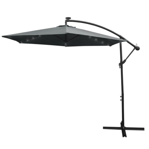 Grey LED Cantilever Parasol 3m Banana Hanging Umbrella Garden Sun Shade Canopy Patio Outdoor 360 Rotation Tilt UV Protection Winding Crank 24 Solar Powered Cool White LED Lights Waterproof Rain Cover