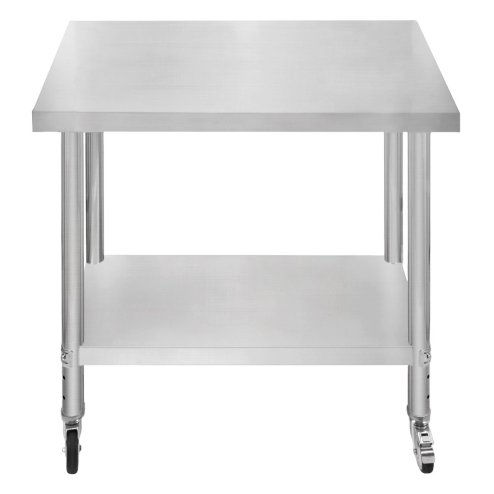 Catering Work Bench Table Stainless Steel Food Prep Kitchen Mobile 4 x Castor Wheels With 2 Brakes & 4 Adaptable Feet Adjustable Lower Shelf 3 Positions 160kg Load Capacity 60cm x 90cm x 86cm