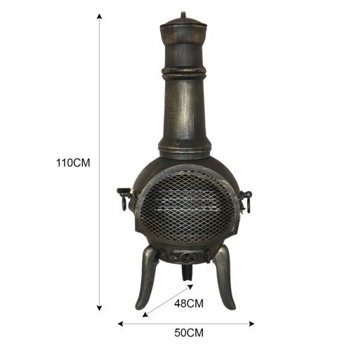Cast Iron Chiminea Outdoor Garden Patio Heater Log Fire Pit Burner Wood Chimney Chimenea BBQ Spark Guard FREE Poker Barbeque Toasting Rack & 10m Union Jack Bunting 25 Double Sided Flags