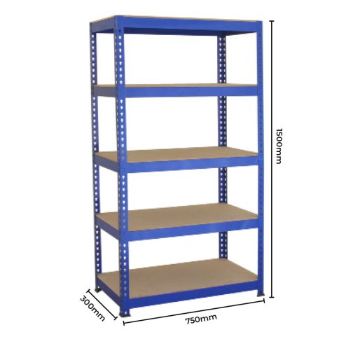 2 x Blue Racking Bay Unit 5 Tier Heavy Duty Steel Metal 150kg capacity Per Shelf Garage Shelves Storage Warehouse Shed Workshop Boltless Shelving 75cm x 150cm x 30cm Free Bay Connectors