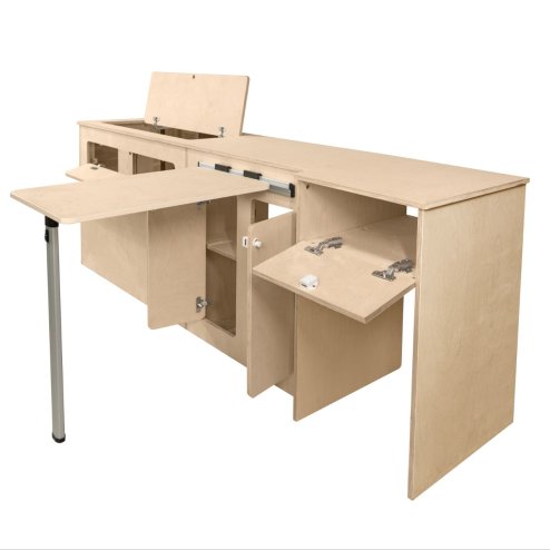 Camper Van Kitchen Pod LHD Conversion Unit Flat Pack Motorhome Campervan Furniture Foldaway Table Built In Storage Cupboards Fridge Space Towel Holder 15mm Birch Plywood SWB VW T5 & T6 Transporters