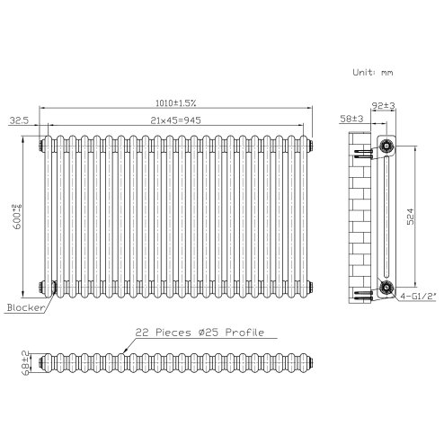 Traditional 2 Column Radiator - 600 x 1010mm - Raw Metal