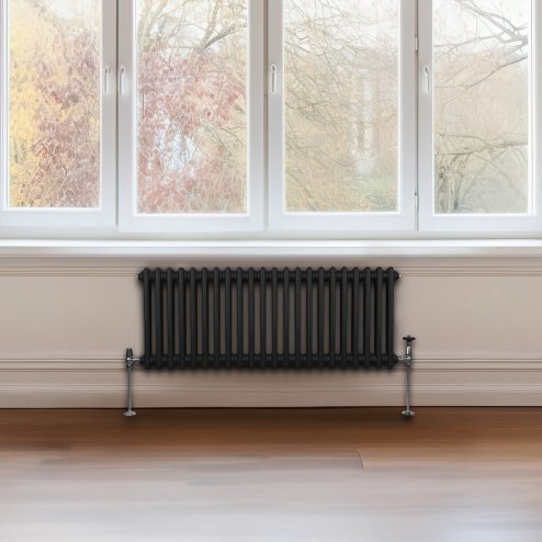 Traditional 2 Column Radiator 300mm x 1012mm Modern Central Heating Heater Matt Black Carbon Steel Horizontal Wall Mounted Kitchen Living Room Bathroom FREE Cleaning Brush Fixing Kit & Brackets