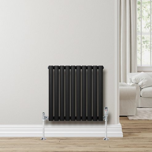 Oval Single Column Radiator & Valves - 600mm x 600mm - Black