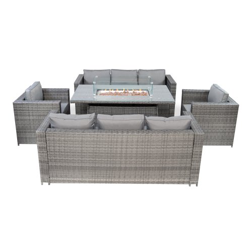 8 Seater Rattan Furniture Set With Firepit - Grey