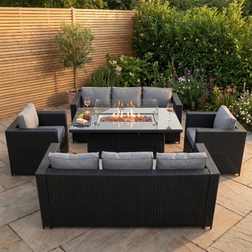 8 Seater Rattan Furniture Set With Firepit - Black
