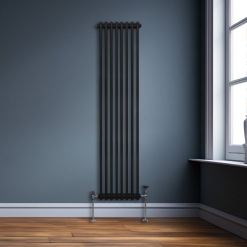 Traditional 2 Column Radiator 1800mm x 382mm Modern Central Heating Heater Matt Black Carbon Steel Vertical Wall Mounted Kitchen Living Room Bathroom Cleaning Brush Fixing Kit & Brackets