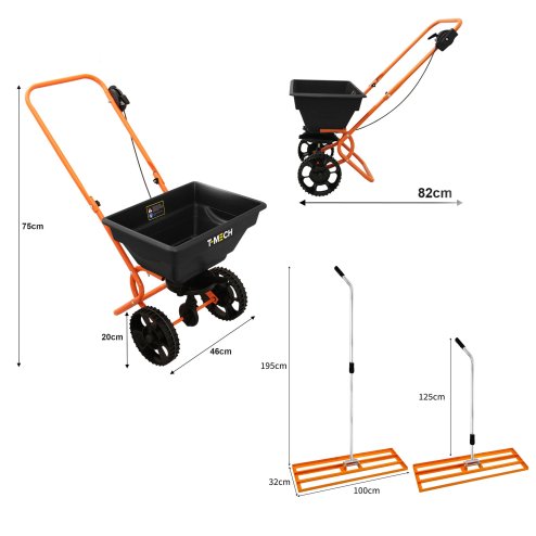 Lawn Leveller & Rotary Spreader Gritter Fertiliser Garden Levelling Rake Lute 100 x 32cm Orange Removable Extendable Handle Salt Grit Sand Seed Rain Cover & Gloves