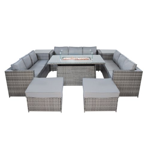 11 Seater Rattan Furniture Set With Firepit - Grey
