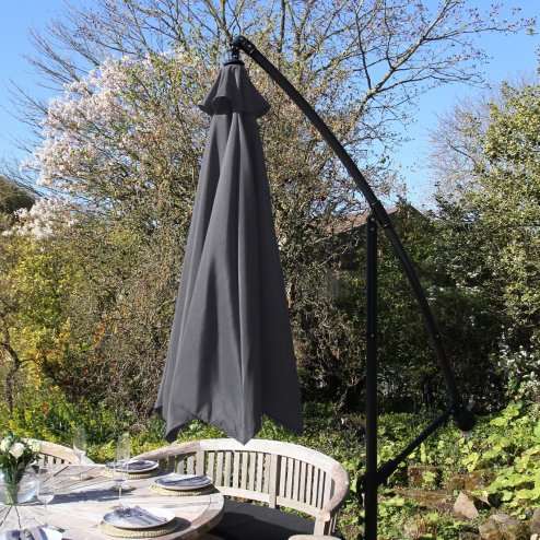 3m Cantilever Garden Parasol Banana Hanging Umbrella Winding Crank Shade Patio Outdoor Sun Shade Tilt UV Protection | Grey Square Base