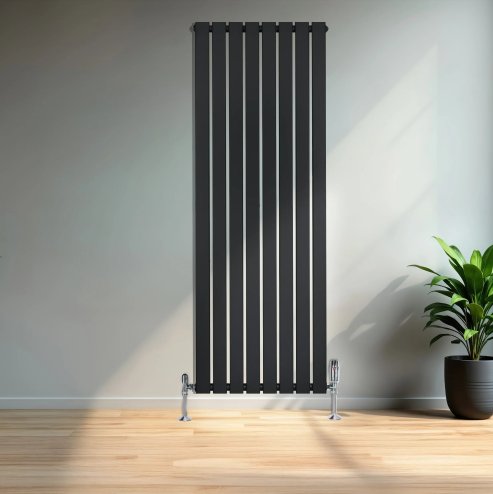 Flat Single Column Radiator & Valves - 1600mm x 560mm - Black