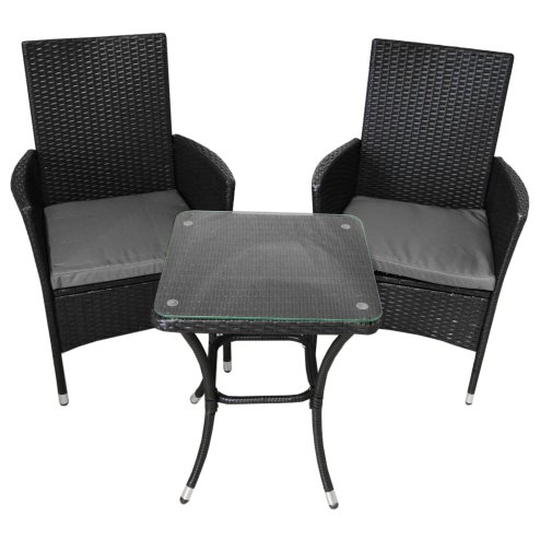 Black Rattan Bistro Set Garden Furniture 3 PCs Patio Weave Companion Outdoor Chairs Table Glass Top Set Conservatory Balcony 2 Seater Grey Cushions Washable Covers UV Protection | FREE Rain Cover